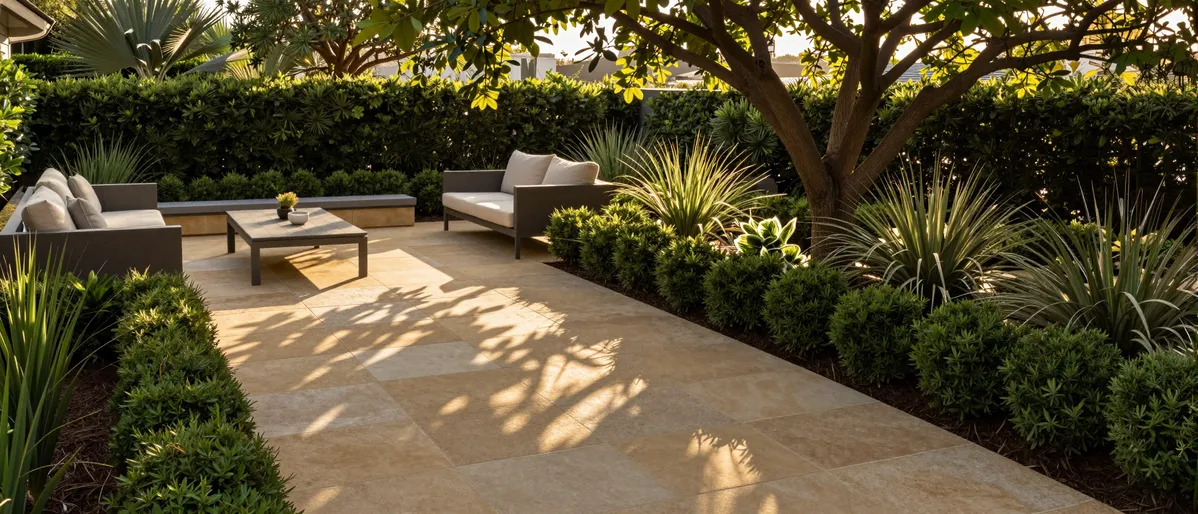 Moderne Gartenterrasse mit Sandsteinplatten, minimalistischen Möbeln und gepflegten Hecken im warmen Abendlicht