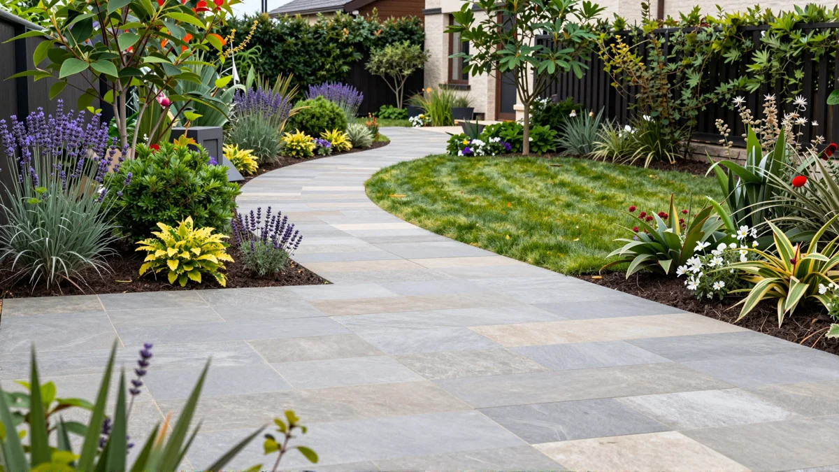 Frisch bepflanztes Gartenbeet neben einer Terrasse mit Lavendel, Hortensien, Straeuchern und Ziergraesern
