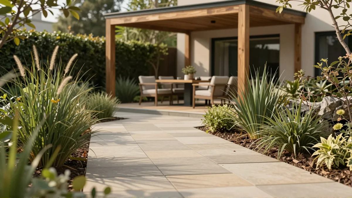Moderne Gartenterrasse mit Sandsteinplatten, Pergola und stilvollem Gartentisch inmitten von Ziergräsern