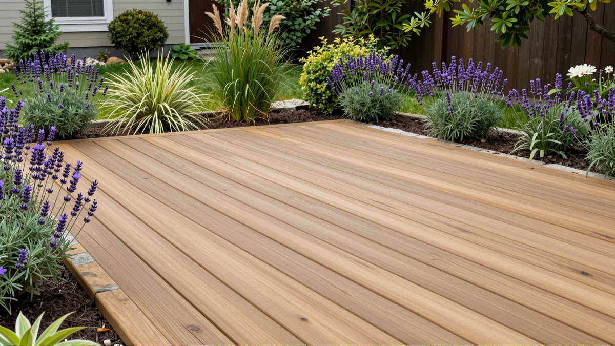 Neu angelegte Holzterrasse mit bepflanzten Rabatten, Ziergraesern und gepflegten Gartenwegen