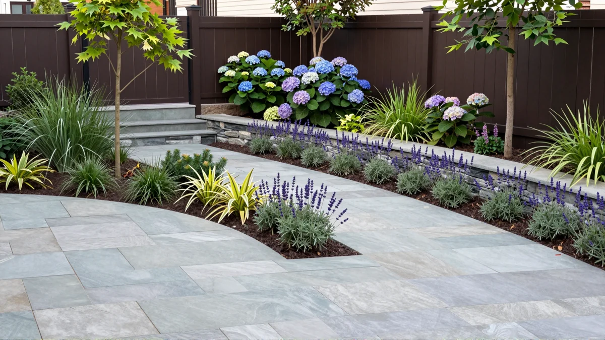 Frisch bepflanztes Gartenbeet neben einer Terrasse mit Lavendel, Hortensien, Straeuchern und Ziergraesern