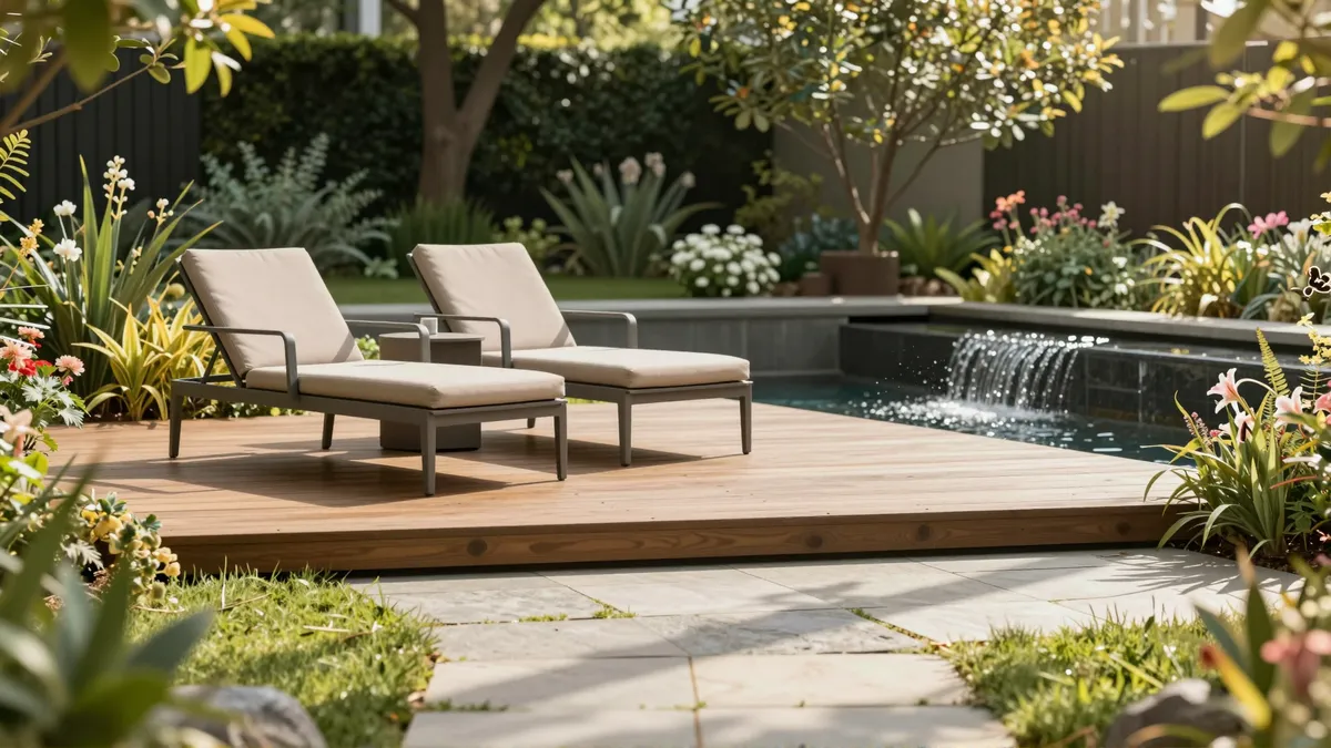 Ein gepflegter Garten mit Holzdeck, Steinweg und Wasserspiel, umgeben von blühenden Pflanzen und gemütlichen Loungemöbeln