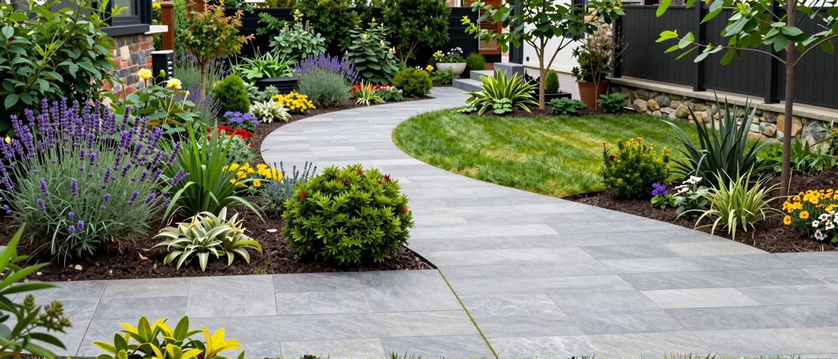 Frisch bepflanztes Gartenbeet neben einer Terrasse mit Lavendel, Hortensien, Straeuchern und Ziergraesern