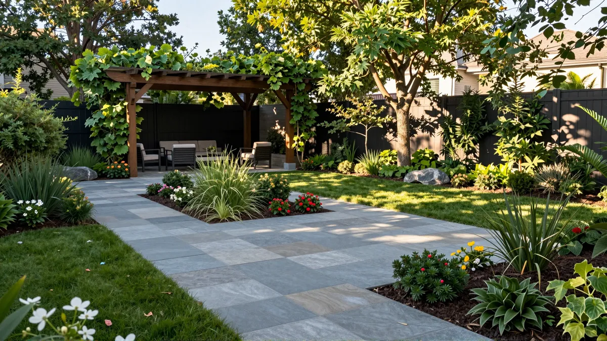 Neugestalteter Garten mit Natursteinpfaden, blühenden Sträuchern und einer Pergola mit Kletterpflanzen