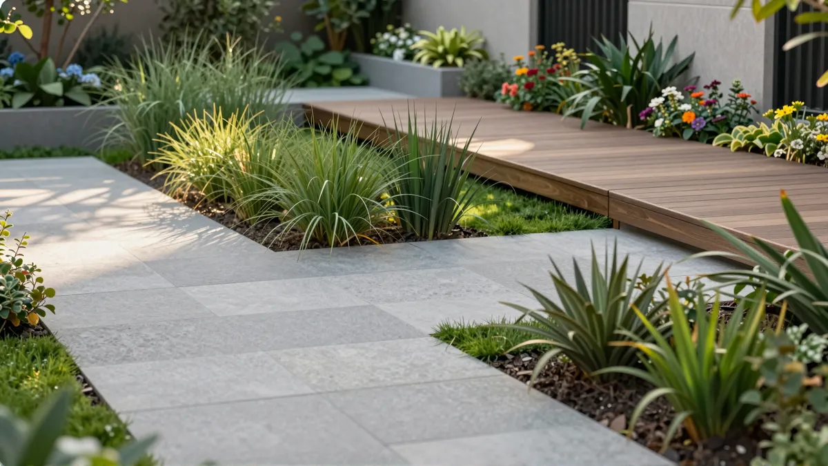 Moderner Garten mit geometrischen Steinwegen, Holzdeck und üppigem Grün in warmem Nachmittagslicht