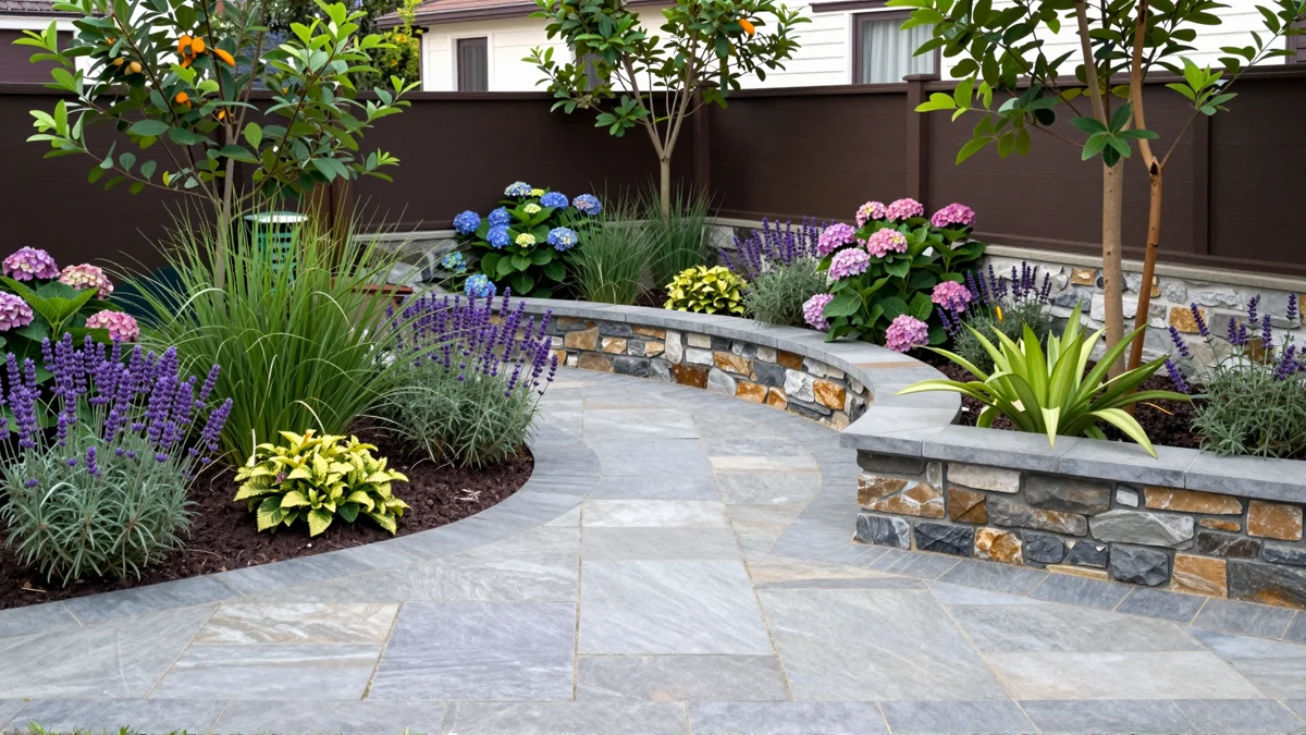 Frisch bepflanztes Gartenbeet neben einer Terrasse mit Lavendel, Hortensien, Straeuchern und Ziergraesern