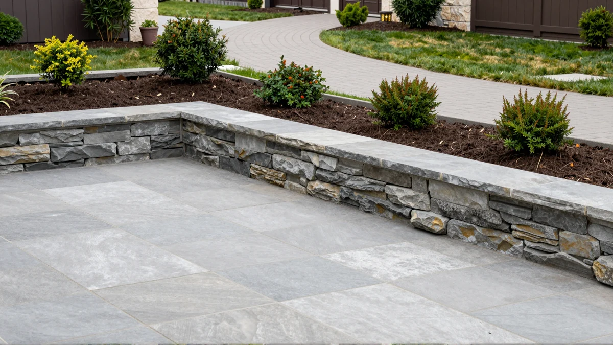 Fertig angelegte Aussenanlage mit Natursteinmauer, Steinterrasse, Pflanzbeeten und gepflastertem Weg
