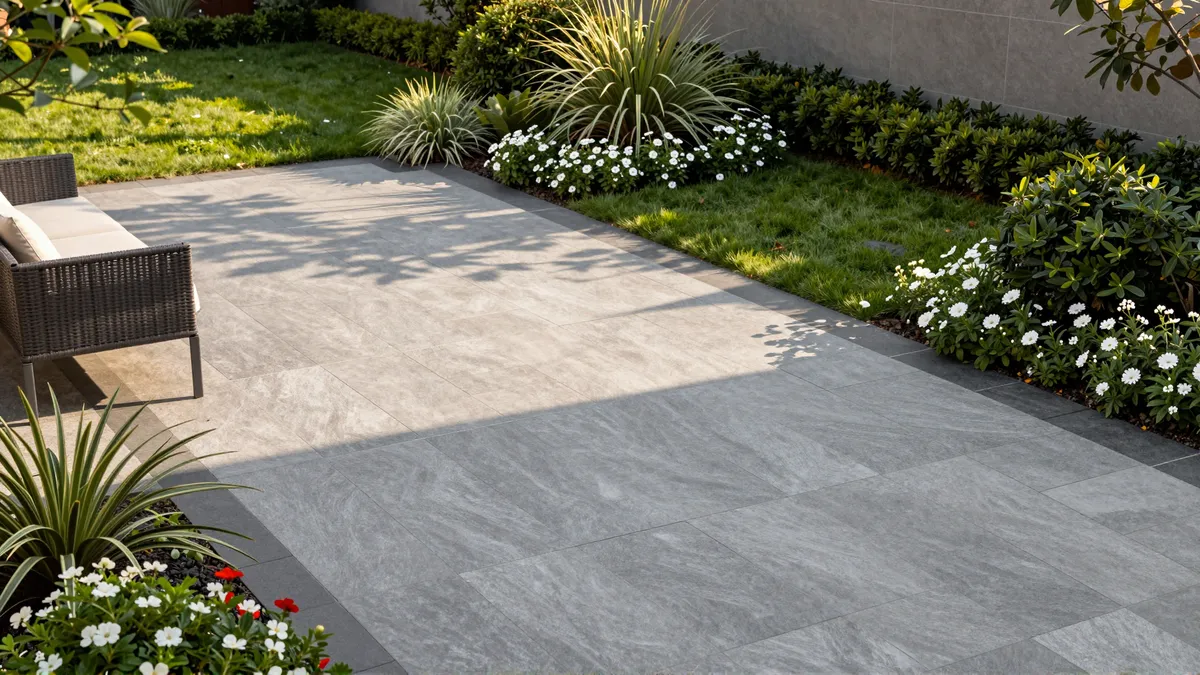 Moderne Steinplatten-Terrasse mit eleganten Gartenmöbeln, umgeben von blühenden Sträuchern und gepflegtem Rasen