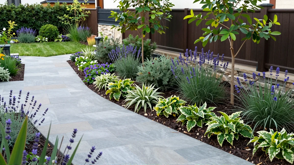 Frisch bepflanztes Gartenbeet neben einer Terrasse mit Lavendel, Hortensien, Straeuchern und Ziergraesern