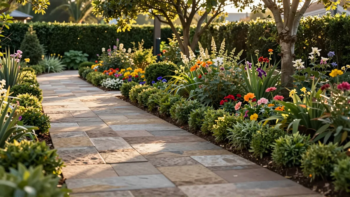 Ein gepflegter Garten mit geschlängeltem Steinweg, umgeben von blühenden Pflanzen und Hecken