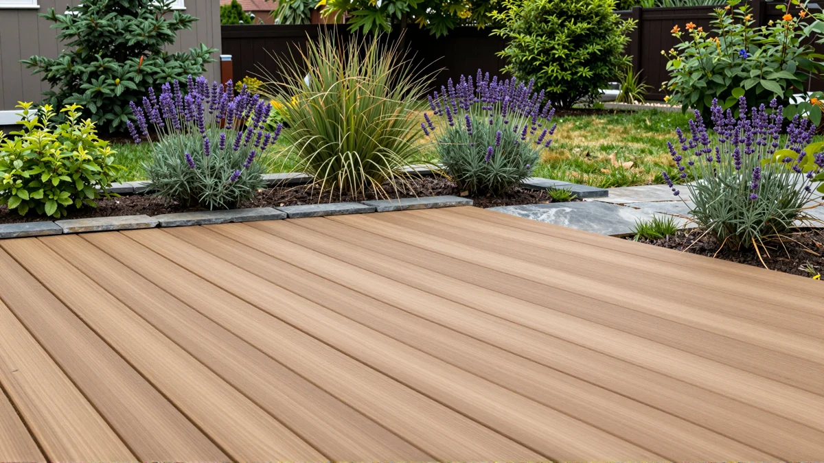 Neu angelegte Holzterrasse mit bepflanzten Rabatten, Ziergraesern und gepflegten Gartenwegen