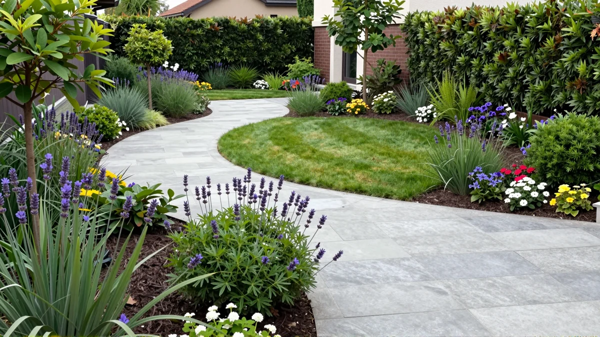 Frisch bepflanztes Gartenbeet neben einer Terrasse mit Lavendel, Hortensien, Straeuchern und Ziergraesern