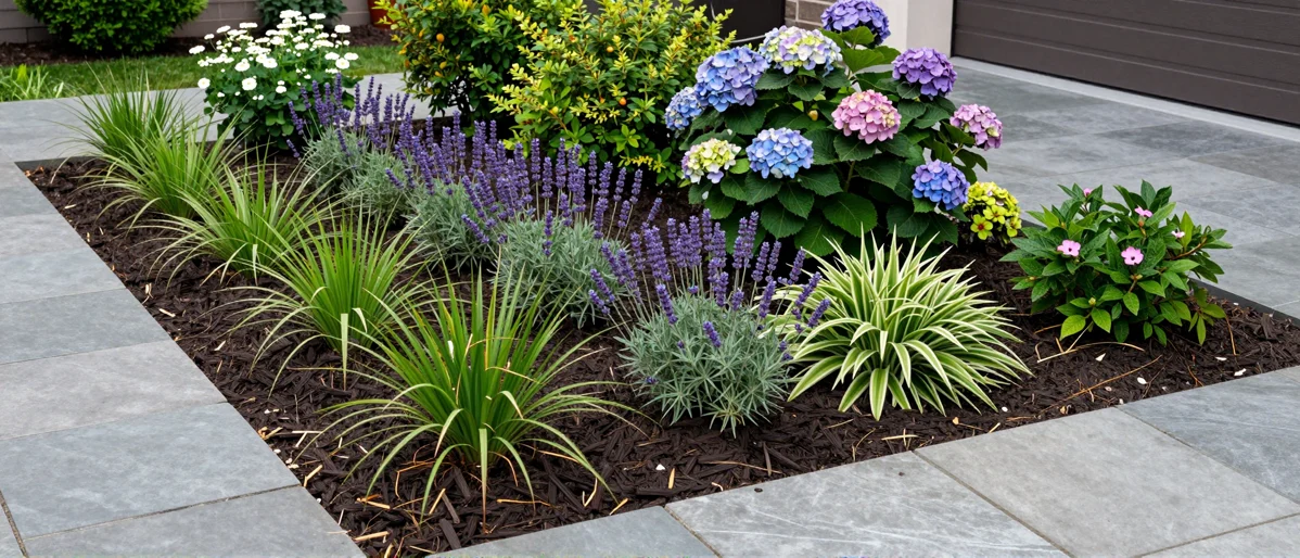 Frisch bepflanztes Gartenbeet neben einer Terrasse mit Lavendel, Hortensien, Straeuchern und Ziergraesern