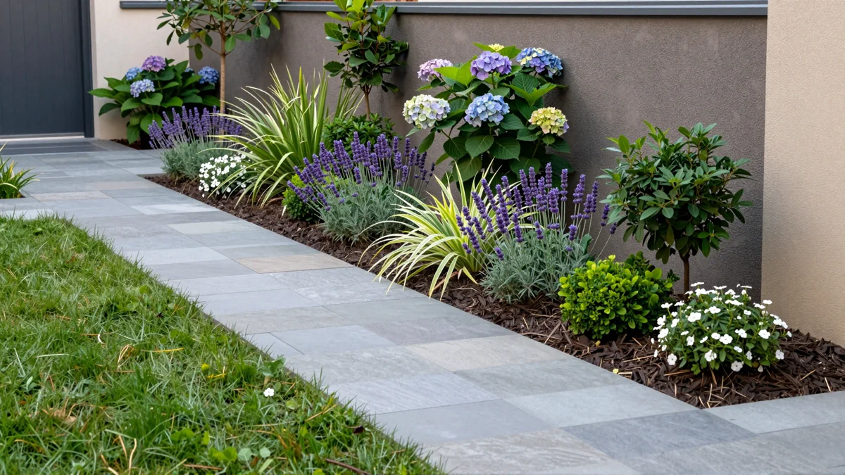Frisch bepflanztes Gartenbeet neben einer Terrasse mit Lavendel, Hortensien, Straeuchern und Ziergraesern