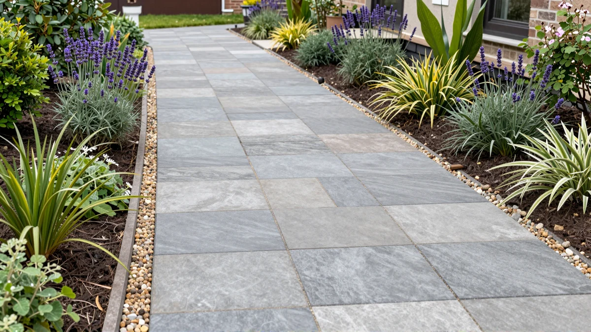 Frisch bepflanztes Gartenbeet neben einer Terrasse mit Lavendel, Hortensien, Straeuchern und Ziergraesern
