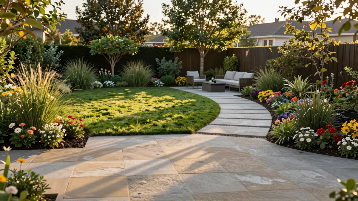 Ein gepflegter Garten mit grünen Rasenflächen, Steinwegen und blühenden Sträuchern, modernem Sitzbereich