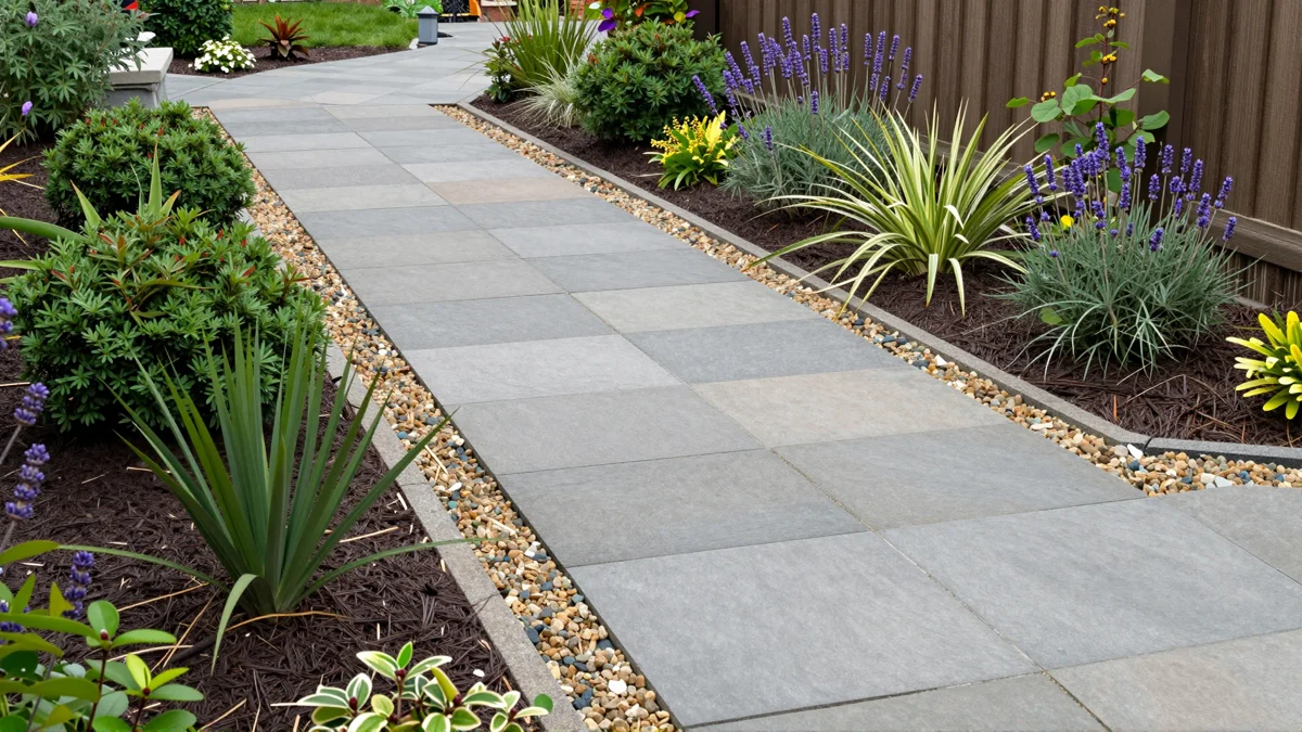 Frisch bepflanztes Gartenbeet neben einer Terrasse mit Lavendel, Hortensien, Straeuchern und Ziergraesern