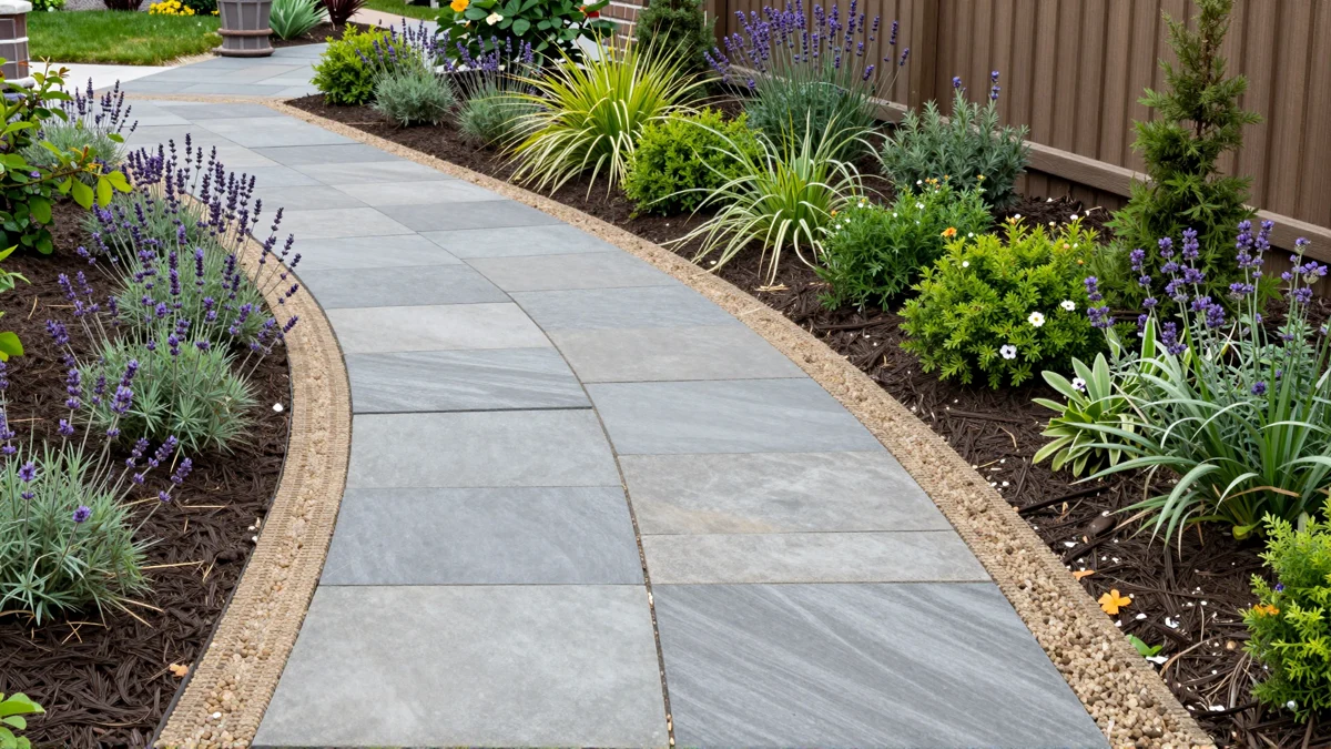Frisch bepflanztes Gartenbeet neben einer Terrasse mit Lavendel, Hortensien, Straeuchern und Ziergraesern