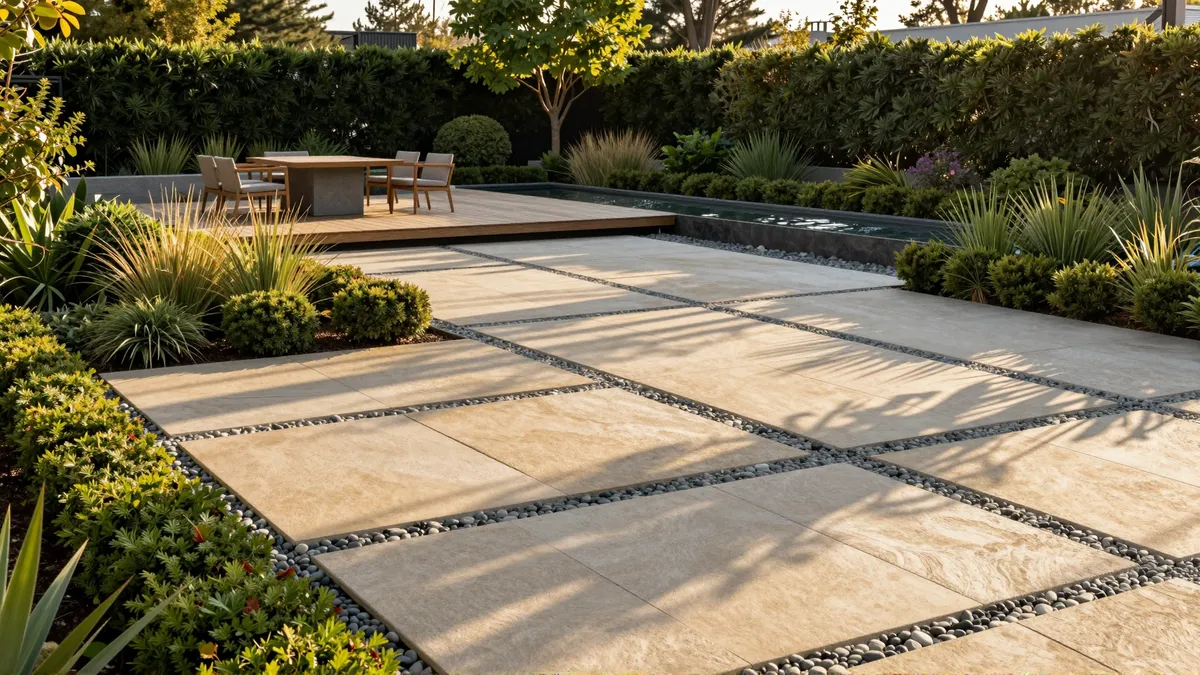 Moderne Gartenlandschaft mit geometrischen Steinplatten, Holzdeck und Wasserspiel in warmem Abendlicht