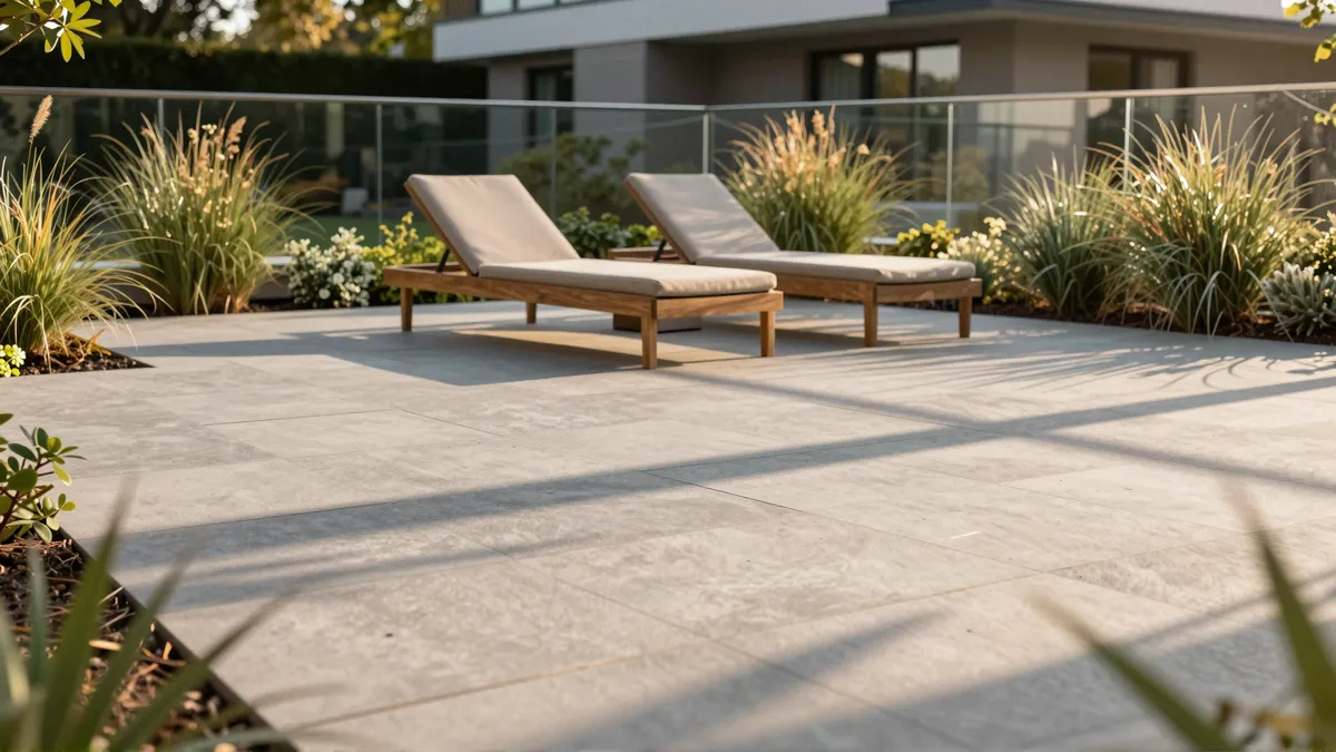 Moderne Gartenterrasse mit Steinboden, Loungemöbeln und minimalistischer Bepflanzung vor einem zeitgenössischen Haus