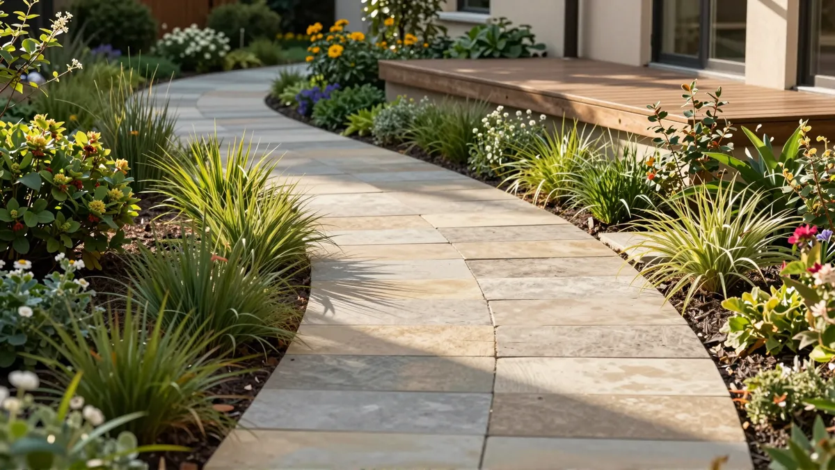 Ein gepflegter Garten mit Sandsteinweg, umgeben von Gräsern und Blumen, führt zu einer Holzterrasse