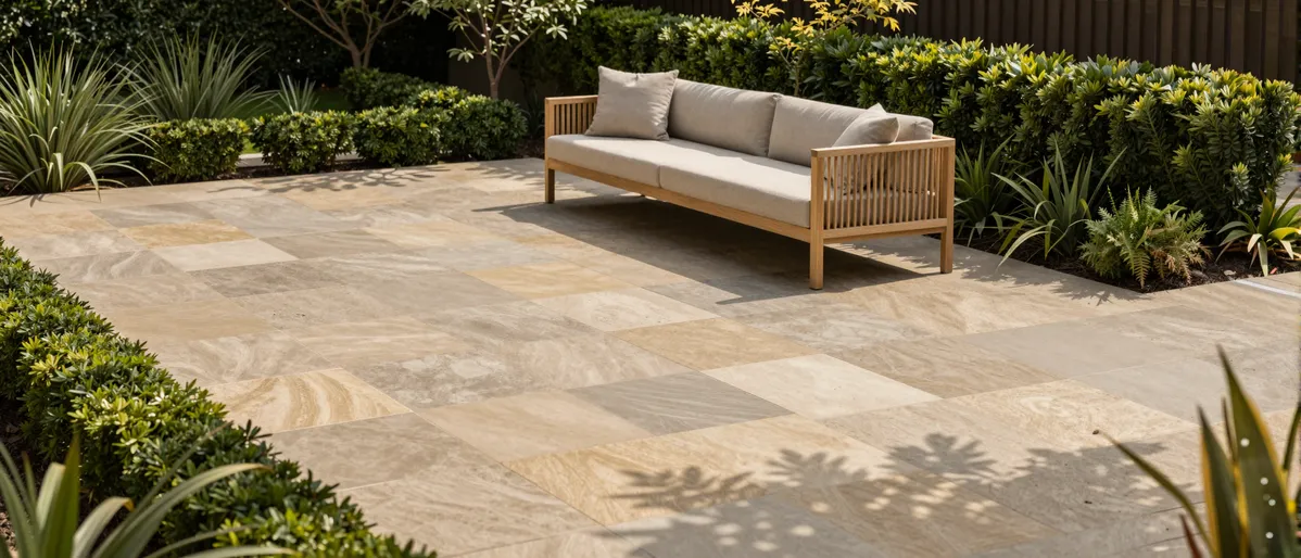 Moderne Gartengestaltung mit Sandsteinpflaster, minimalistischen Teakmöbeln und gepflegten Hecken