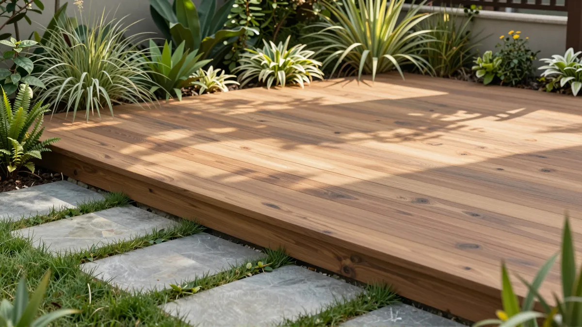 Ein gepflegter Garten mit Holzterrasse, Steinplatten und üppigen Pflanzen im warmen Nachmittagslicht