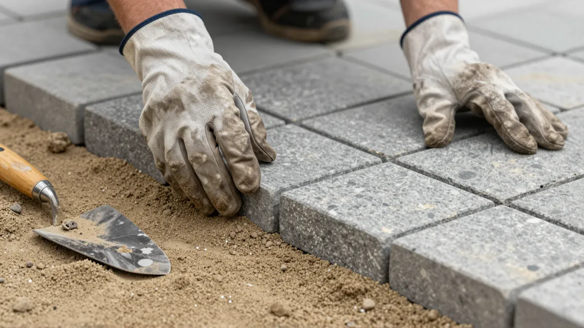 Abgewetzte Hände verlegen Sandsteinplatten in einem geometrischen Muster auf frischem Sand