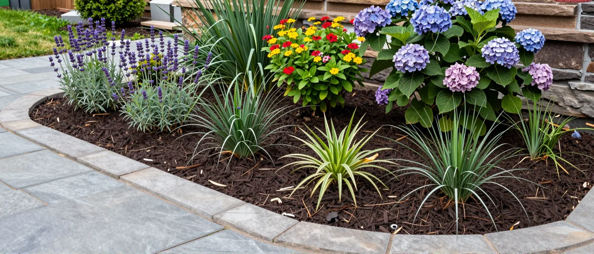 Frisch bepflanztes Gartenbeet neben einer Terrasse mit Lavendel, Hortensien, Straeuchern und Ziergraesern