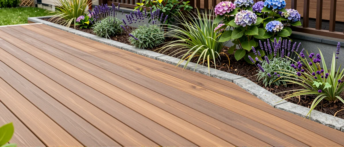 Neu angelegte Holzterrasse mit bepflanzten Rabatten, Ziergraesern und gepflegten Gartenwegen