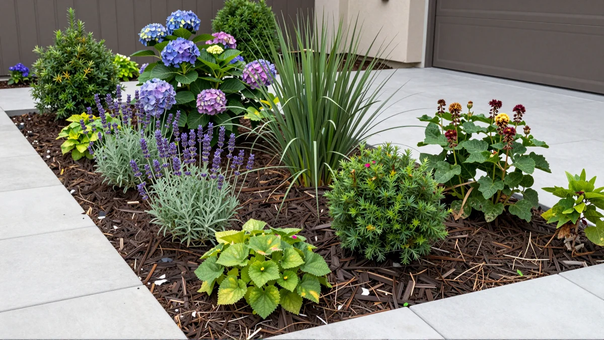 Frisch bepflanztes Gartenbeet neben einer Terrasse mit Lavendel, Hortensien, Straeuchern und Ziergraesern