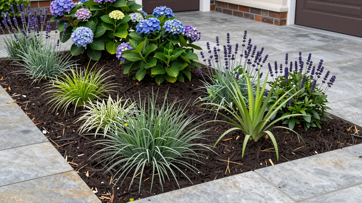 Frisch bepflanztes Gartenbeet neben einer Terrasse mit Lavendel, Hortensien, Straeuchern und Ziergraesern