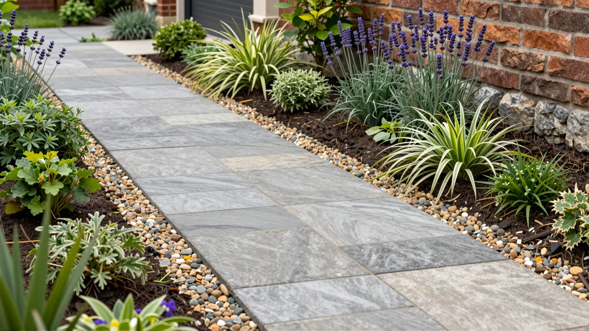 Frisch bepflanztes Gartenbeet neben einer Terrasse mit Lavendel, Hortensien, Straeuchern und Ziergraesern