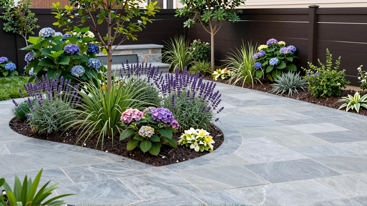 Frisch bepflanztes Gartenbeet neben einer Terrasse mit Lavendel, Hortensien, Straeuchern und Ziergraesern
