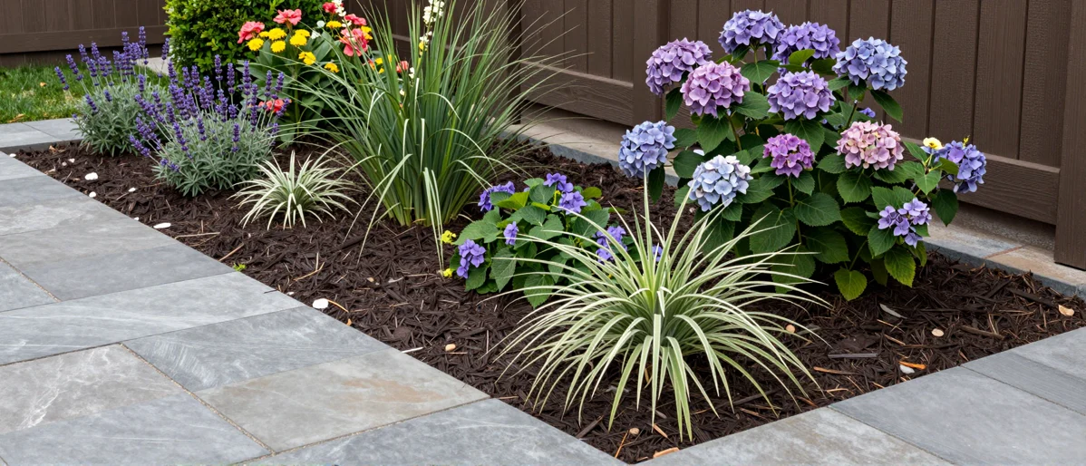 Frisch bepflanztes Gartenbeet neben einer Terrasse mit Lavendel, Hortensien, Straeuchern und Ziergraesern