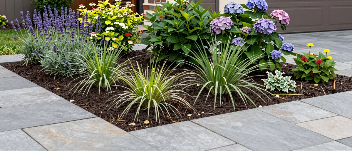Frisch bepflanztes Gartenbeet neben einer Terrasse mit Lavendel, Hortensien, Straeuchern und Ziergraesern