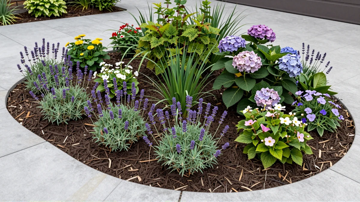 Frisch bepflanztes Gartenbeet neben einer Terrasse mit Lavendel, Hortensien, Straeuchern und Ziergraesern