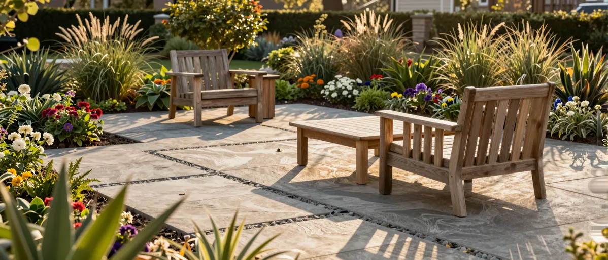 Ein gepflegter Garten mit Steinpatio, Holzmöbeln und blühenden Pflanzen in warmem Abendlicht