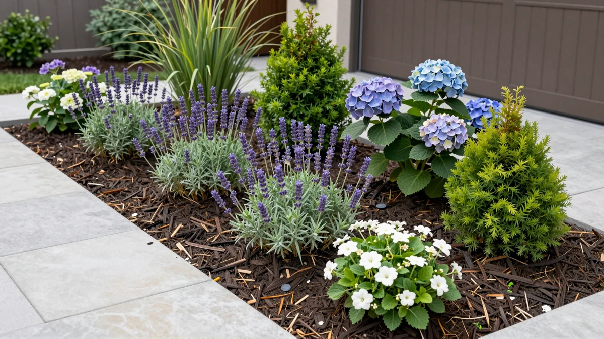 Frisch bepflanztes Gartenbeet neben einer Terrasse mit Lavendel, Hortensien, Straeuchern und Ziergraesern
