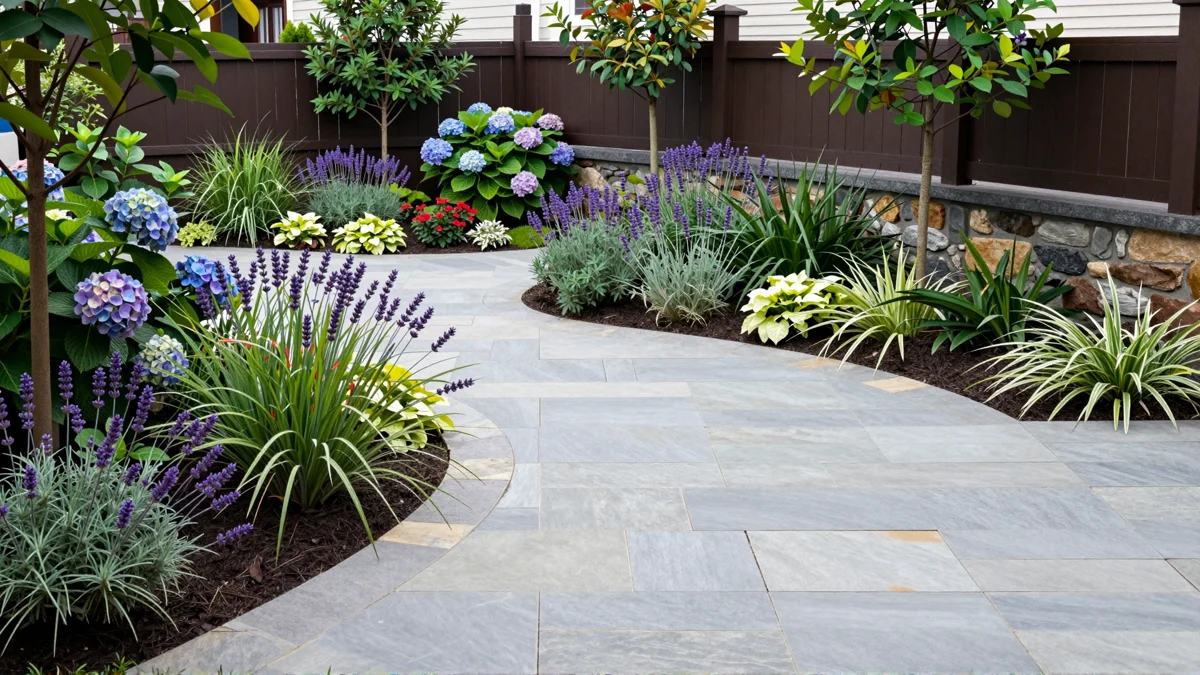 Frisch bepflanztes Gartenbeet neben einer Terrasse mit Lavendel, Hortensien, Straeuchern und Ziergraesern