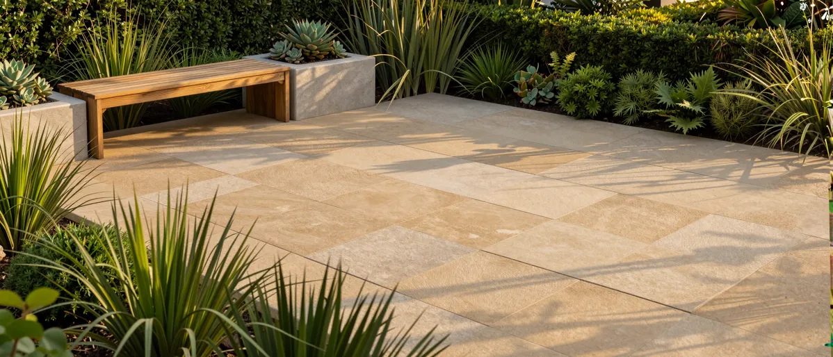 Ein moderner Gartenpatio mit Sandsteinfliesen, Ziergräsern und einer Holzbank im warmen Sonnenlicht