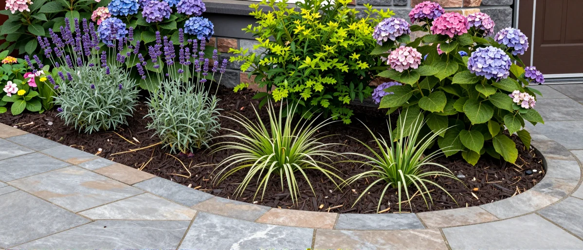 Frisch bepflanztes Gartenbeet neben einer Terrasse mit Lavendel, Hortensien, Straeuchern und Ziergraesern