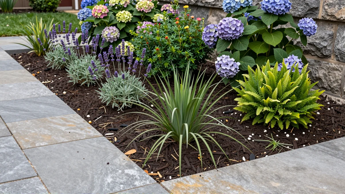 Frisch bepflanztes Gartenbeet neben einer Terrasse mit Lavendel, Hortensien, Straeuchern und Ziergraesern