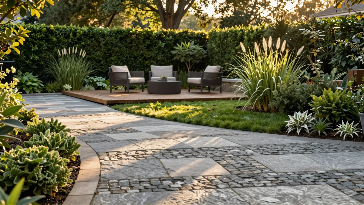 Ein neu gestalteter Garten mit Natursteinpfaden, üppigen Pflanzen und einer modernen Holzterrasse in warmem Abendlicht.