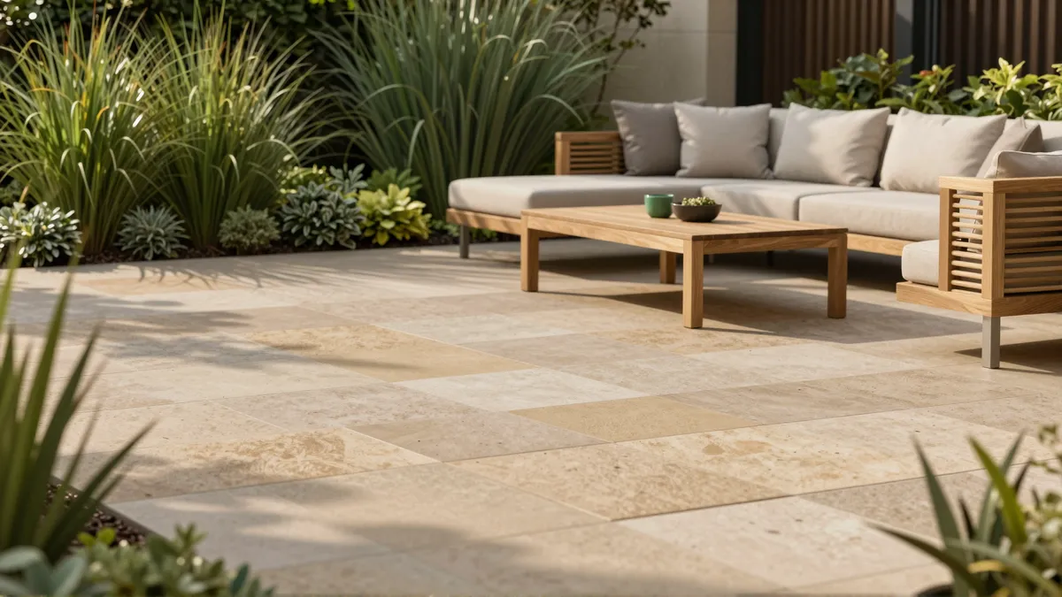 Moderner Gartenterrassenbereich mit geometrischen Sandsteinplatten, minimalistischen Teakmöbeln und üppigen Ziergräsern
