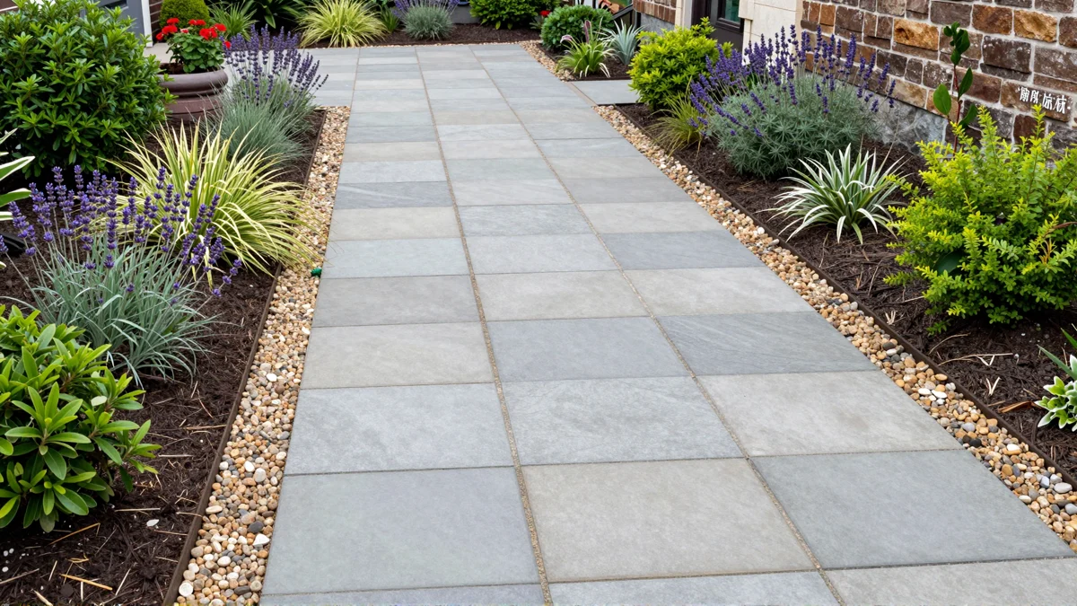 Frisch bepflanztes Gartenbeet neben einer Terrasse mit Lavendel, Hortensien, Straeuchern und Ziergraesern