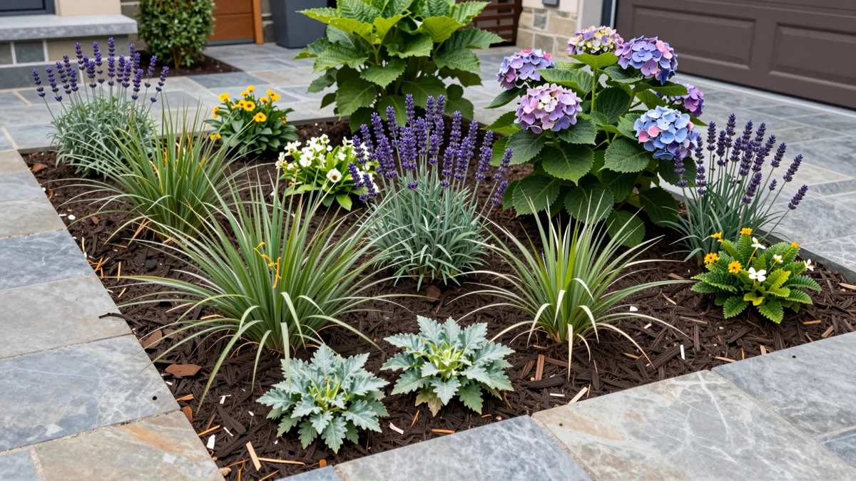 Frisch bepflanztes Gartenbeet neben einer Terrasse mit Lavendel, Hortensien, Straeuchern und Ziergraesern