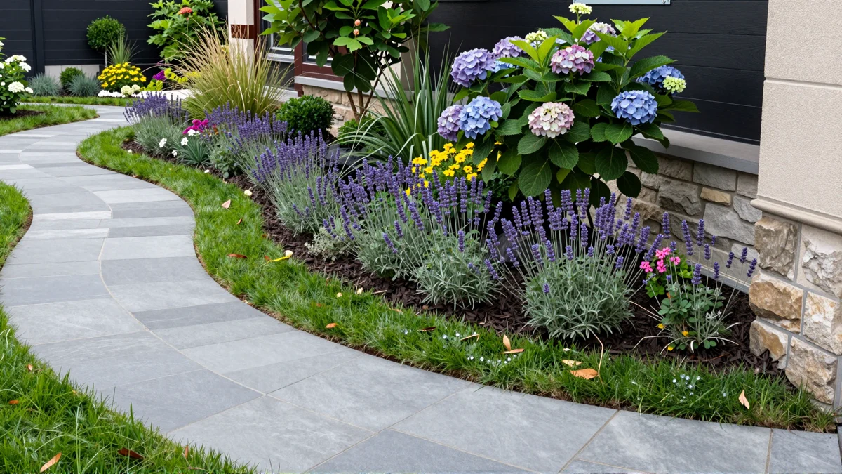 Neu verlegter Gartenweg aus Naturstein mit Kieskante, Lavendel, Straeuchern und Ziergraesern
