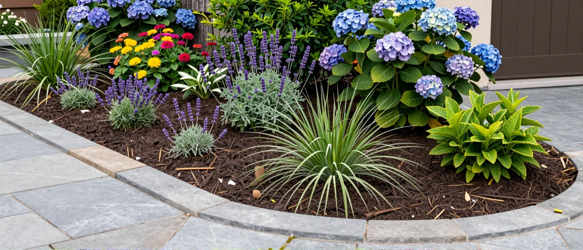 Frisch bepflanztes Gartenbeet neben einer Terrasse mit Lavendel, Hortensien, Straeuchern und Ziergraesern