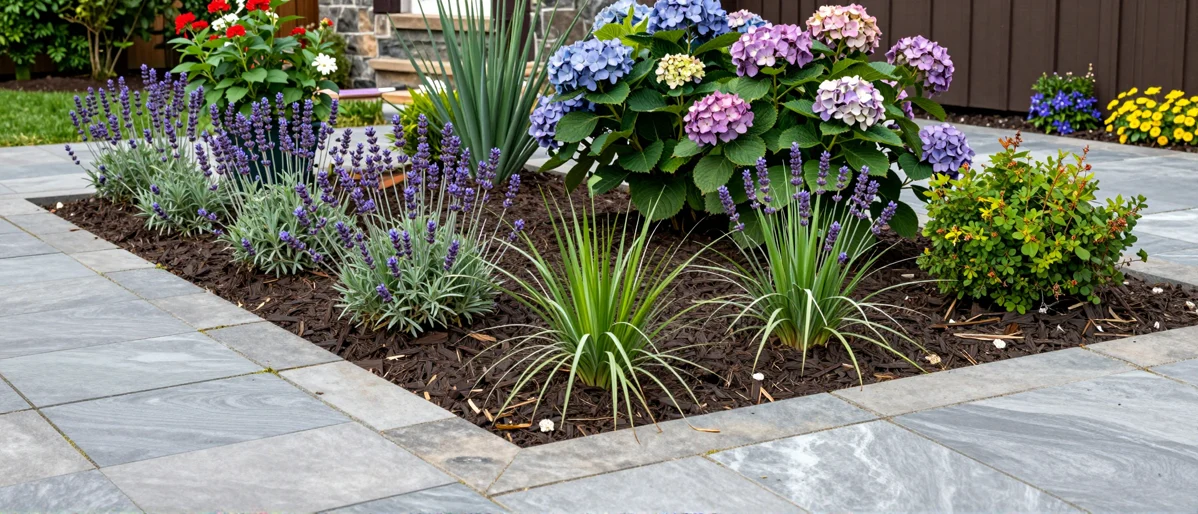 Frisch bepflanztes Gartenbeet neben einer Terrasse mit Lavendel, Hortensien, Straeuchern und Ziergraesern